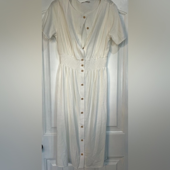 Ces Femme beautiful white button down dress feel like linen NWOT - Picture 1 of 5